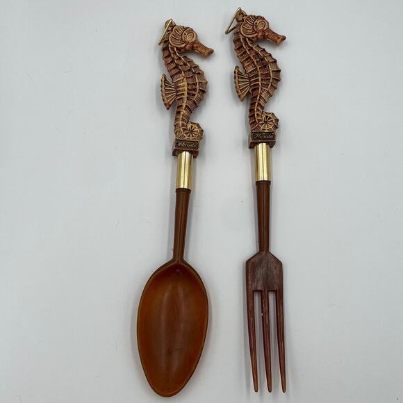 Vintage MCM Carrib Plastic Seahorse Salad Fork Spoon Florida Utensils - Picture 1 of 10